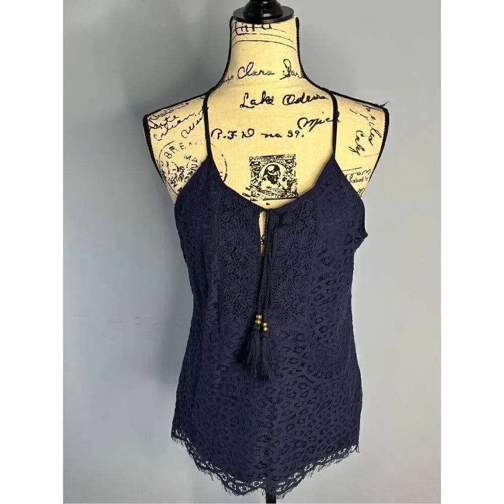 Solitaire Women's Medium Navy Blue Sleeveless BOHO Lace Blouse Top Tassel